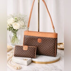 Vintage Celine Macadam Leather Crossbody Purse & Wallet Set